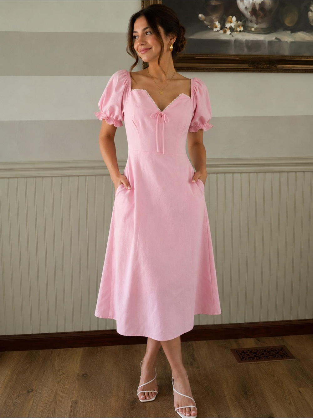Scoop Pink Linen & Cotton Puff Sleeve Dress 12/14 Feminine Sweetheart neckline